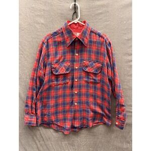 Vintage Montgomery Ward Shirt Mens Large Red Plaid Flannel Button Front 70s